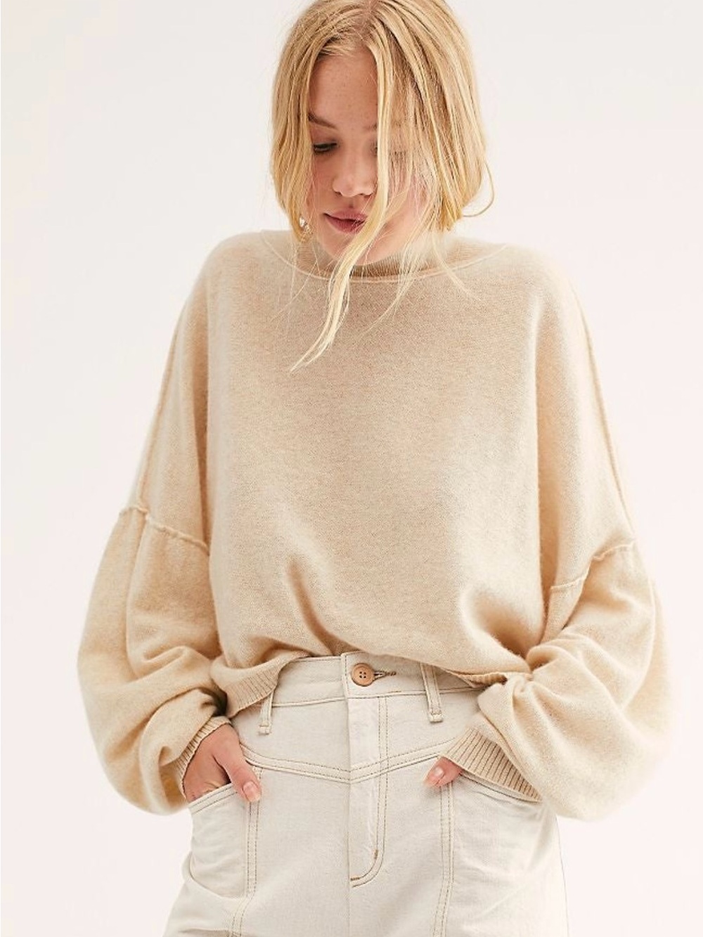 Free People Women’s L 100% Cashmere Cream So High So Low Oversized Boxy Sweater